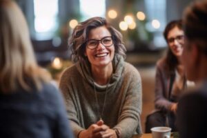Woman smiles while talking to friends about mental health therapy programs